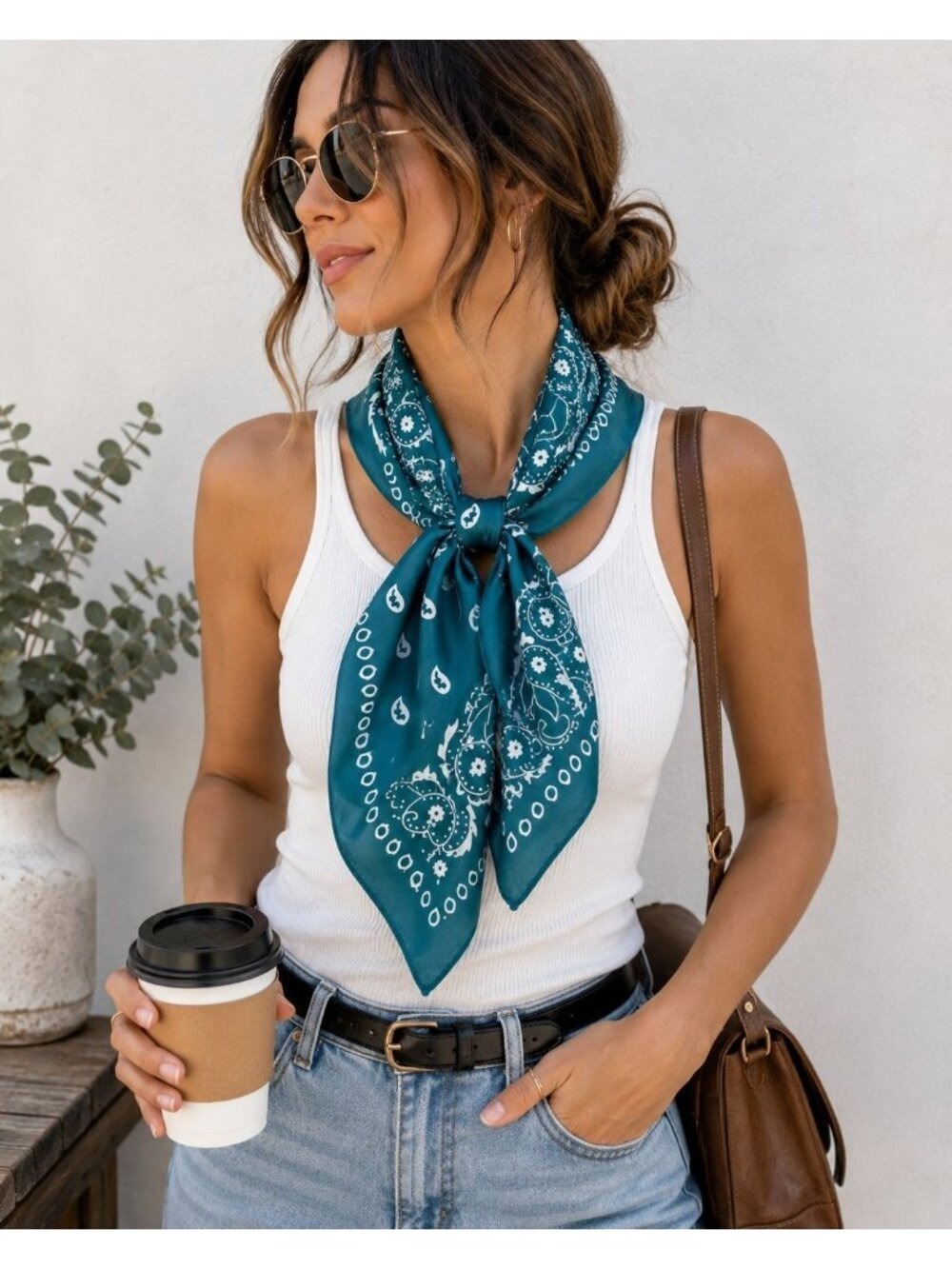 Teal Blue Paisley Bandana Scarf Large Satin Square Wrap 35x35 - Picture 4 of 5